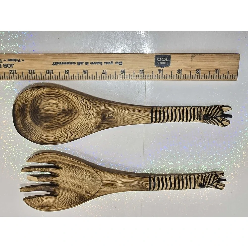 🦓 Vintage‎ Hand Carved Zebra Wood Salad Server Set – Rustic Safari 🦓